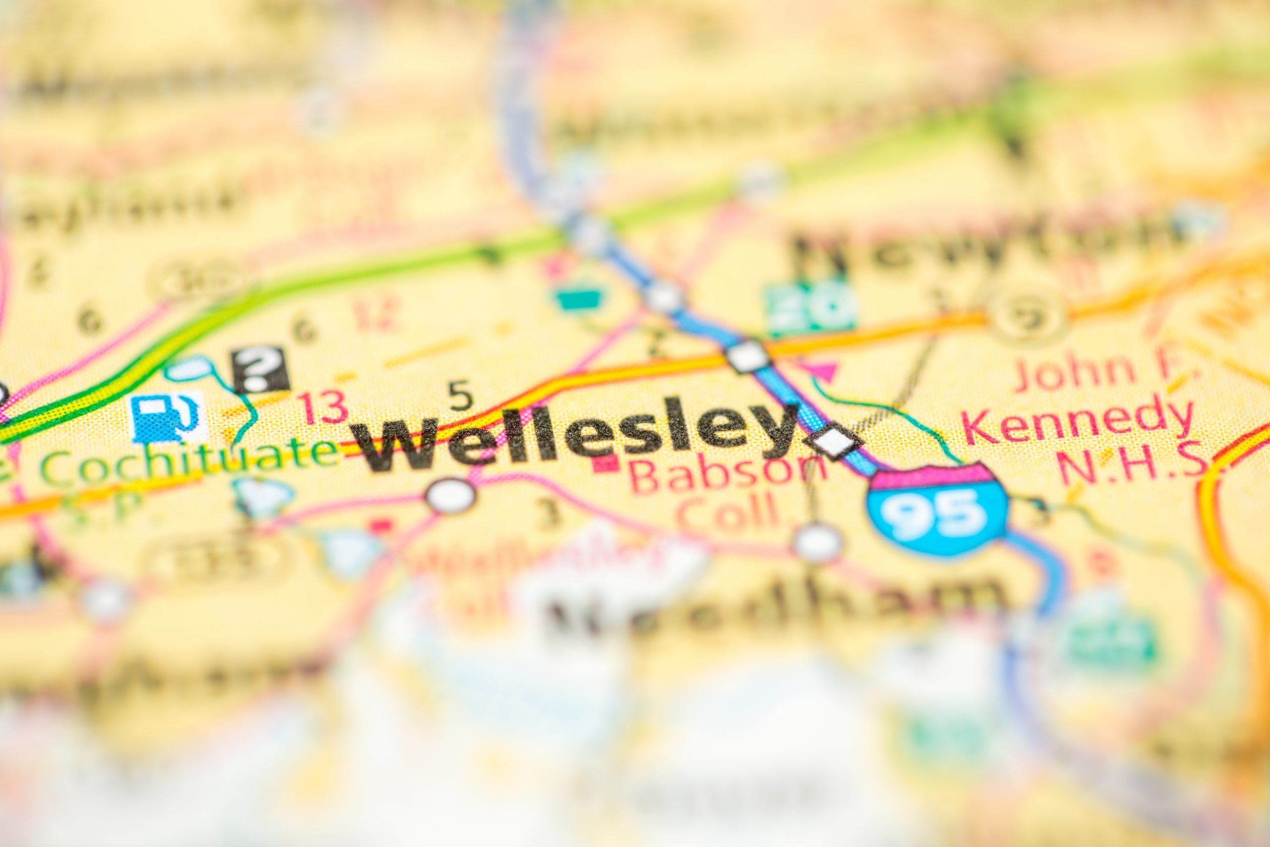 A map of wellesley, massachusetts with focus on the city.